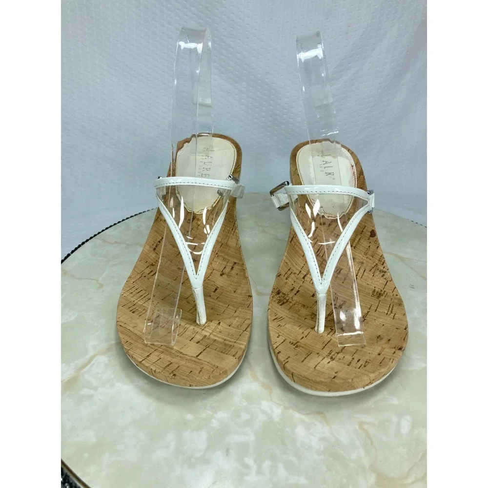 Lauren Ralph Lauren Rula Wedge Thong Sandals Women 8.5 White T-Strap Comfy Shoes